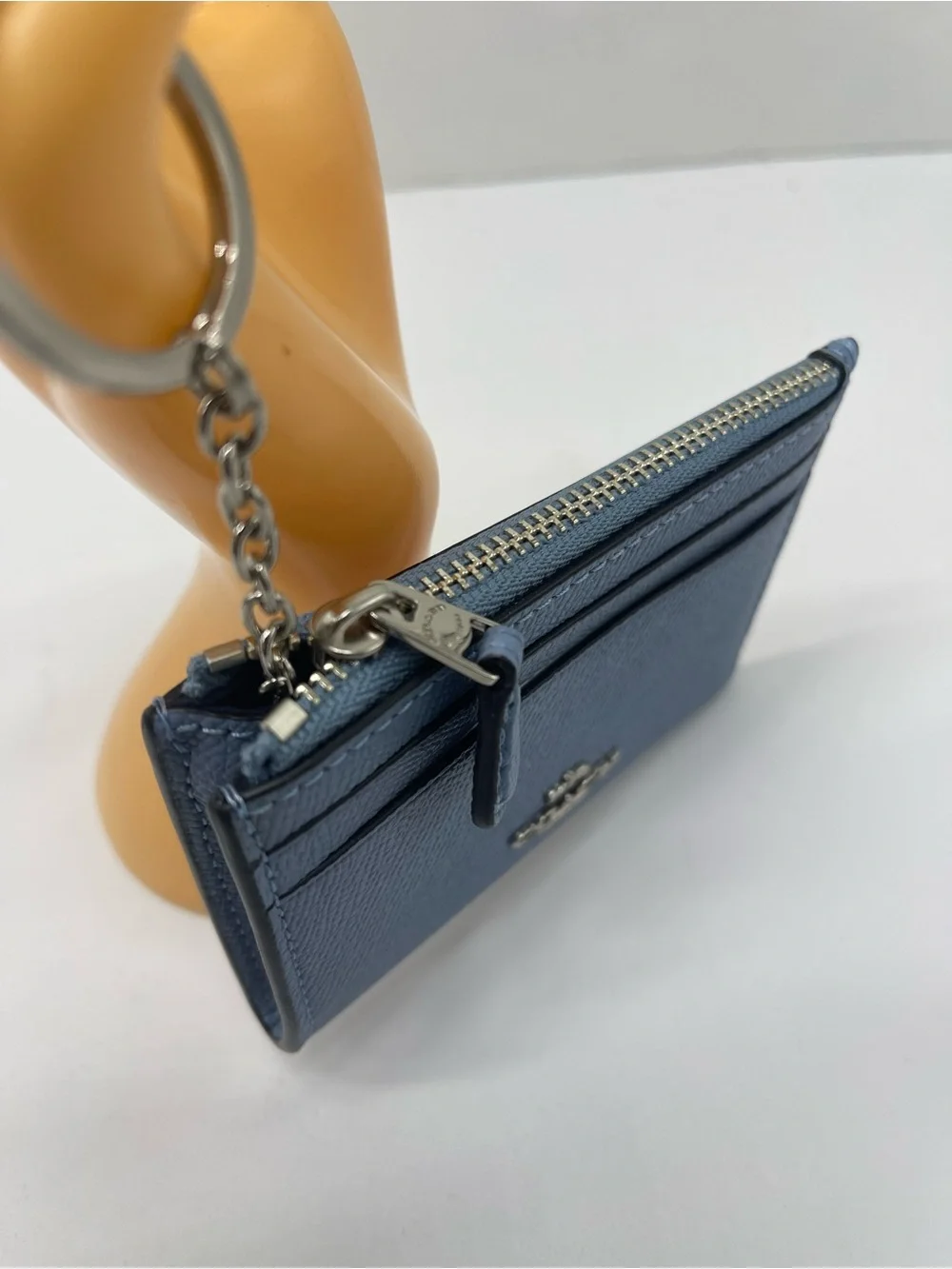 Coach Mini Skinny Crossgrain Leather Id Card Zip Closure Case Silver/Slate NWT
